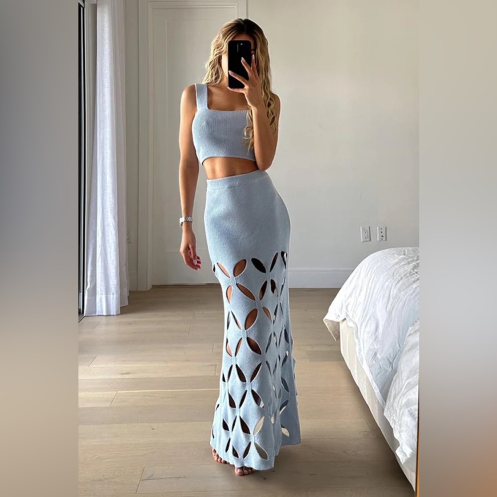 Commense Chic Pale Blue Women's Knit Skirt Set